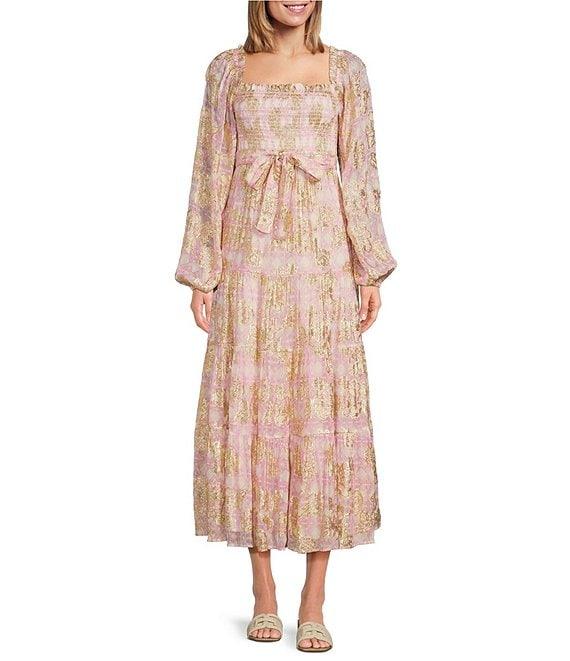 A Loves A Lurex Metallic Trellis Printed Sqaure Neck Long Balloon Sleeve Smocked Bodice A-Line Flounce Midi Dress Product Image