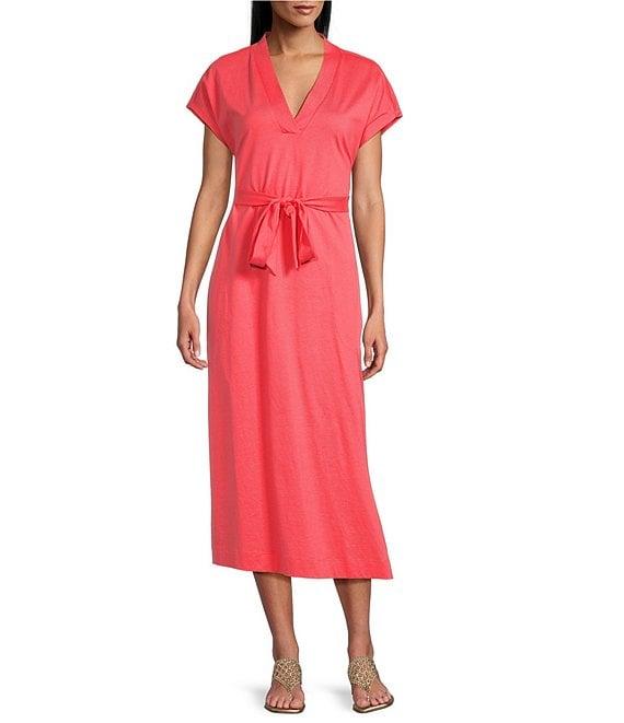 Tommy Bahama Islandscape Jersey V-Neck Short Sleeve Self-Belted Midi Dress Product Image