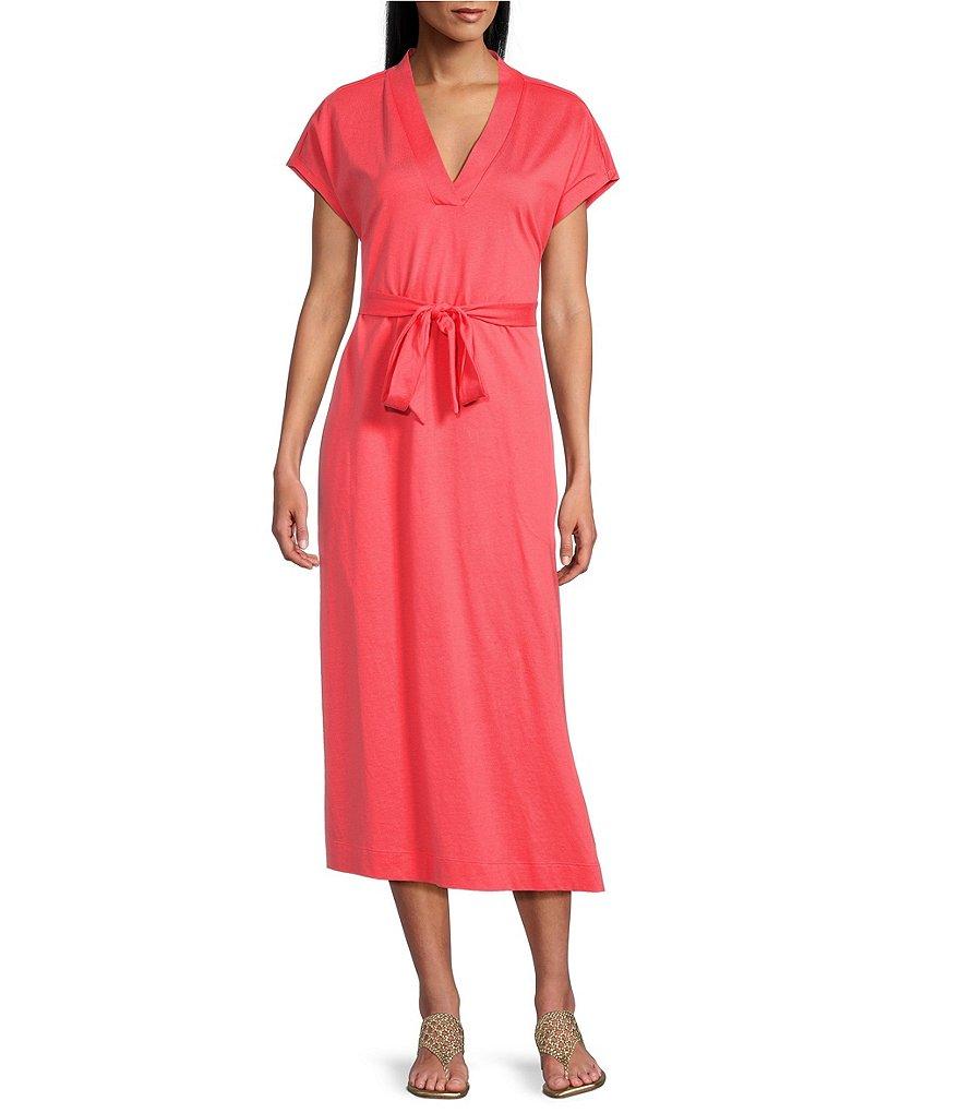 Tommy Bahama Islandscape Jersey V-Neck Short Sleeve Self-Belted Midi Dress Product Image