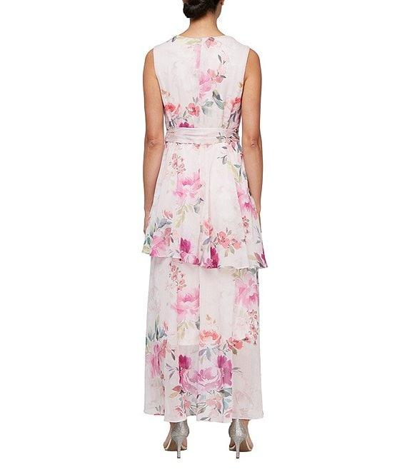 Ignite Evenings Surplice Neck Sleeveless Tiered Skirt Tie Tash Belt High Low Hemline Chiffon Maxi Dress Product Image