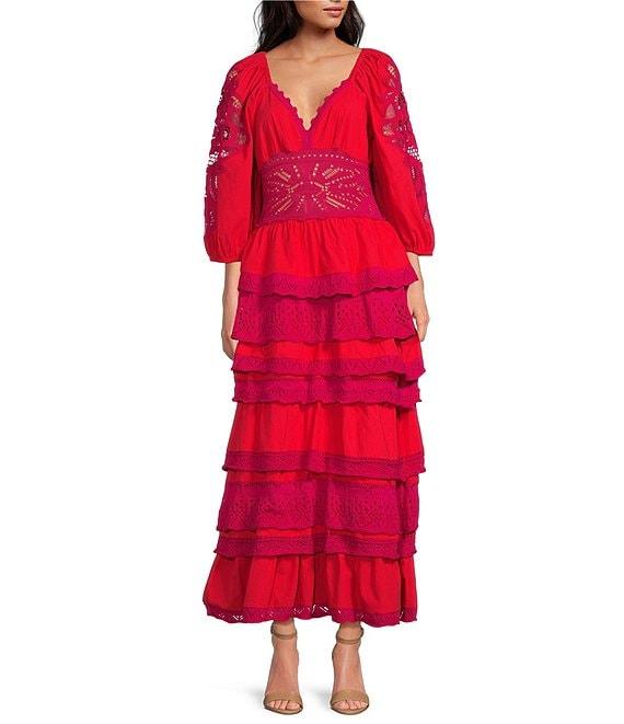 Chelsea & Violet Sierra Crochet V-Neck 3/4 Sleeve Tiered Maxi Dress Product Image
