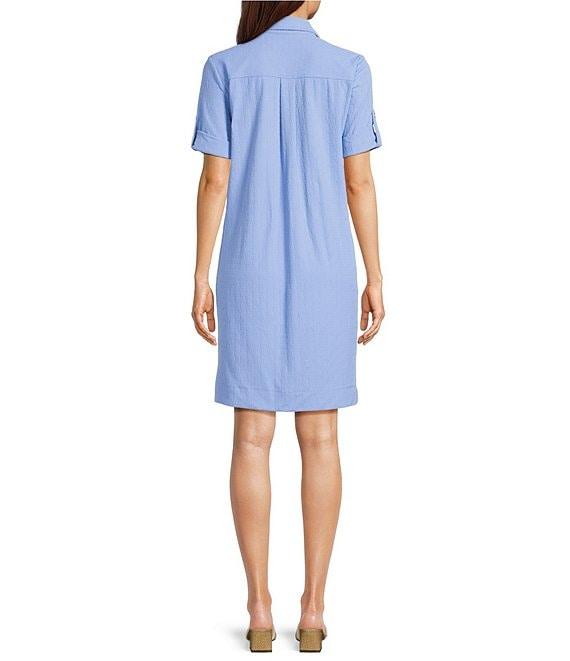 J.McLaughlin Amber Chambray Riptide Jacquard Point Collar Short Sleeve Dress Product Image