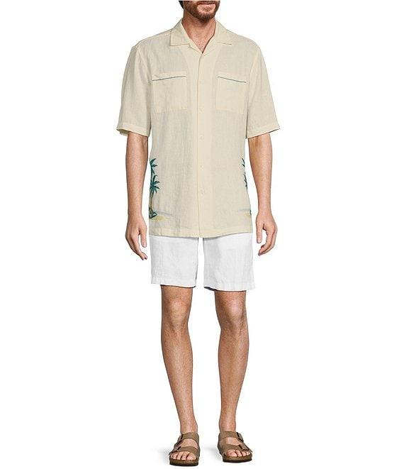 Caribbean Tropical Scenic Embroidery Linen Short Sleeve Woven Camp Shirt Product Image