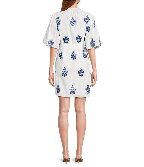 A Loves A Embroidered Paisley Mandarin Collar Short Bubble Sleeve Button Front Tie Waist Sheath Dress Product Image