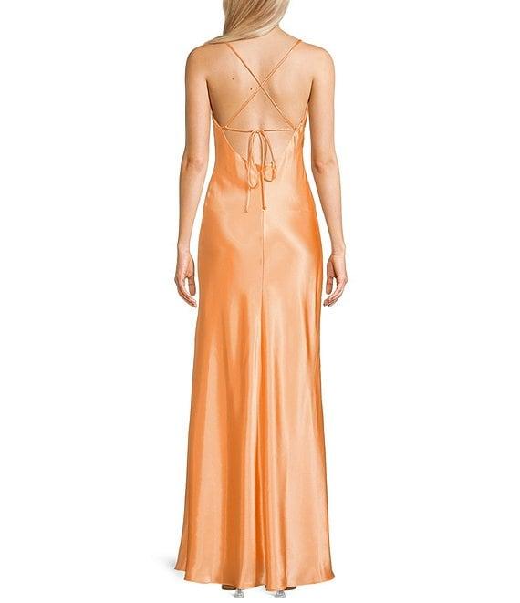 Morgan & Co. Sleeveless Long Spaghetti Strap Charmeuse Draped Front And X Back Long Dress Product Image