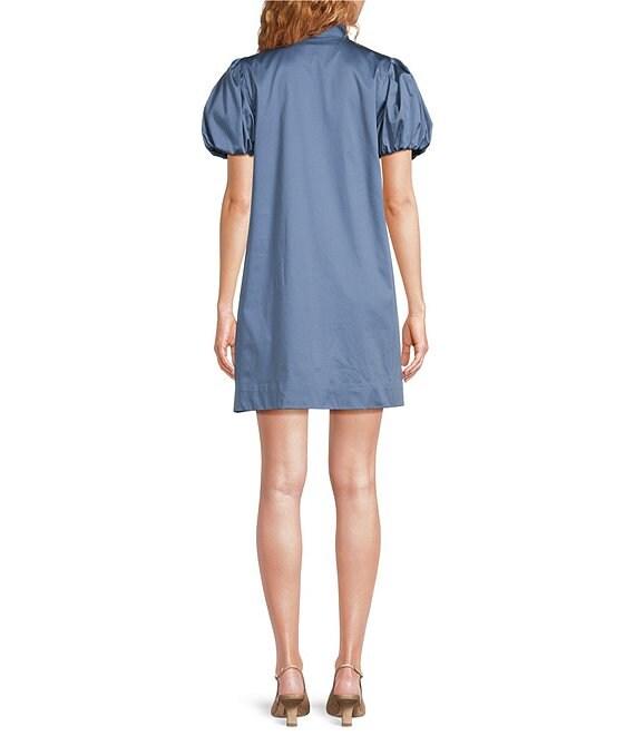 Mestiza New York Elliana Poplin Palm Tree Embroidery Mandarian Collar Short Puff Sleeve Dress Product Image