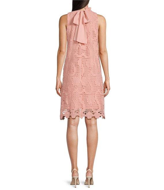Anne Klein Ruffle Mock Neck Sleeveless Bow Back Lace Shift Dress Product Image