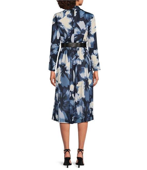 Donna Karan V-Neck Long Sleeve Belted Fit and Flare Midi Dress Product Image