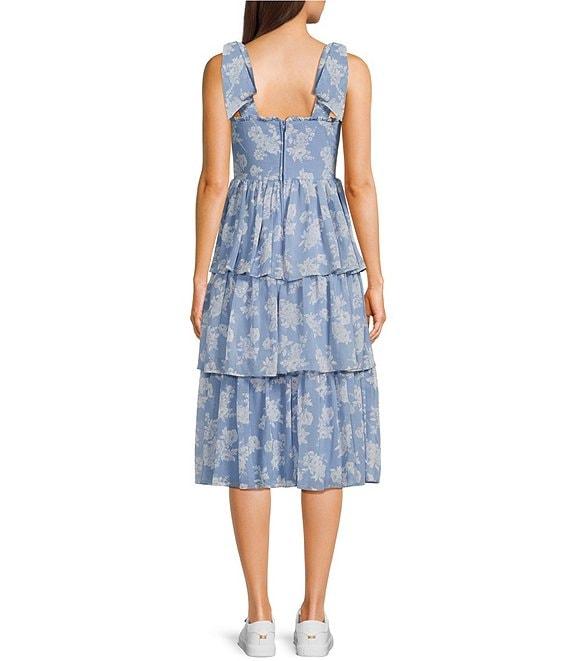 B. Darlin Floral Printed Sweetheart Neck Tie Shoulder Tiered Midi Dress Product Image