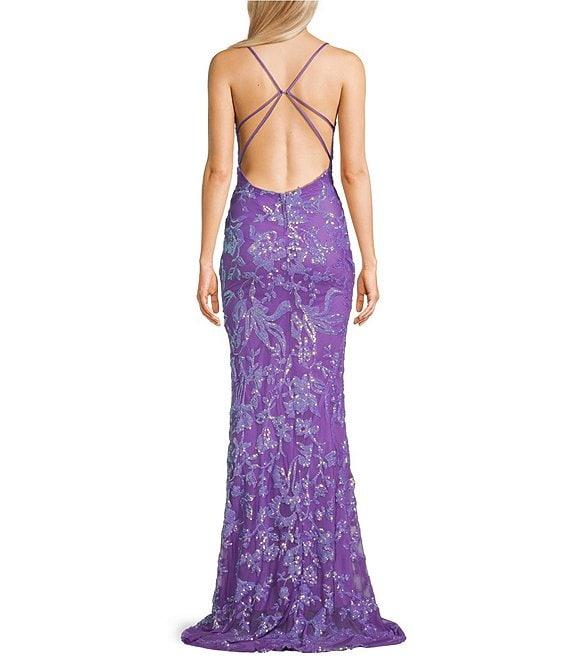 B. Darlin Floral Sequin Pattern V-Neck Spaghetti Strap Lace Up Back Dress Product Image