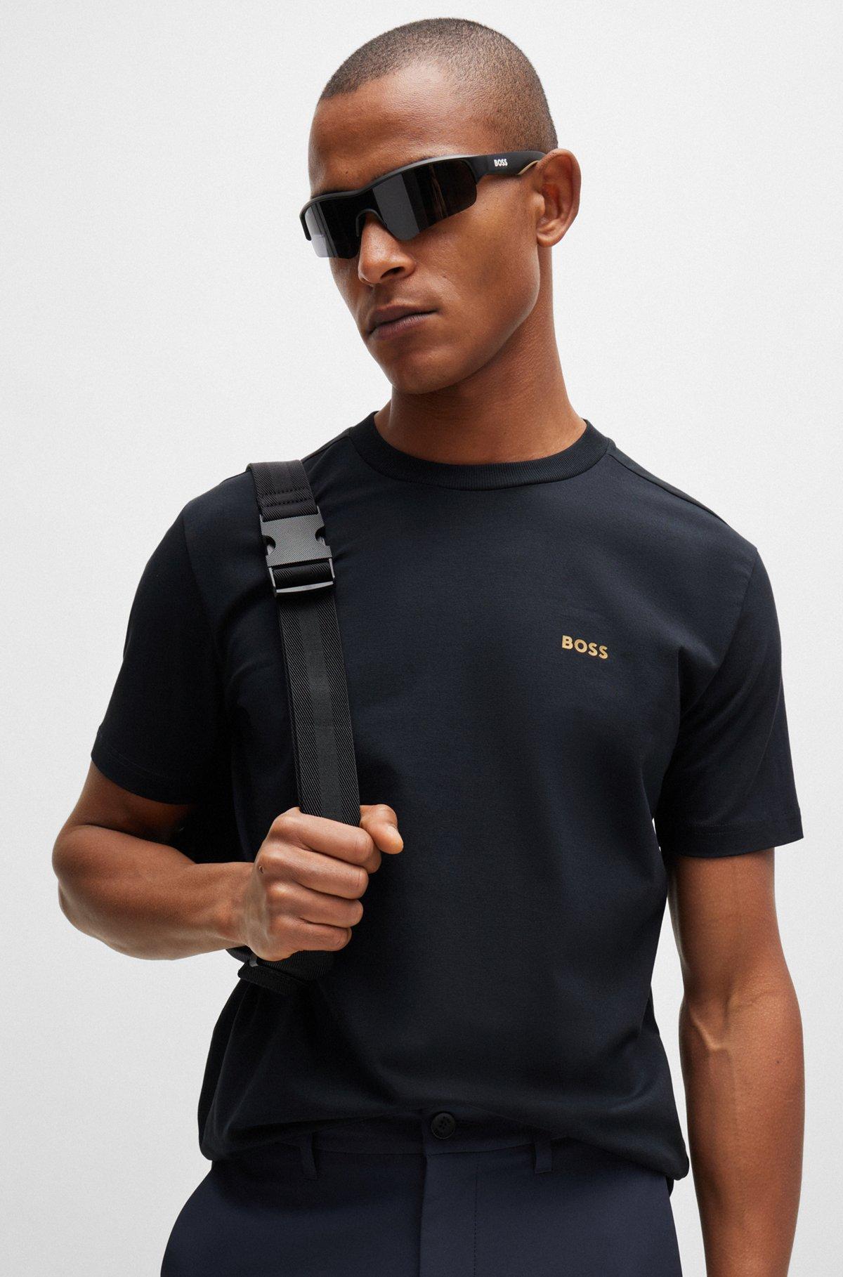 BOSS - Stretch-cotton regular-fit T-shirt with contrast logo - Dark Blue Product Image