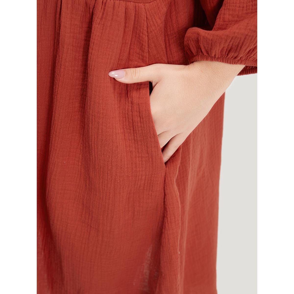 Plus Size Plain Pocket Pleated Ties Elastic Cuffs Dress Coral Women Vacation Elastic cuffs V-neck Elbow-length sleeve Curvy Midi Dress BloomChic 22-24/3X Product Image