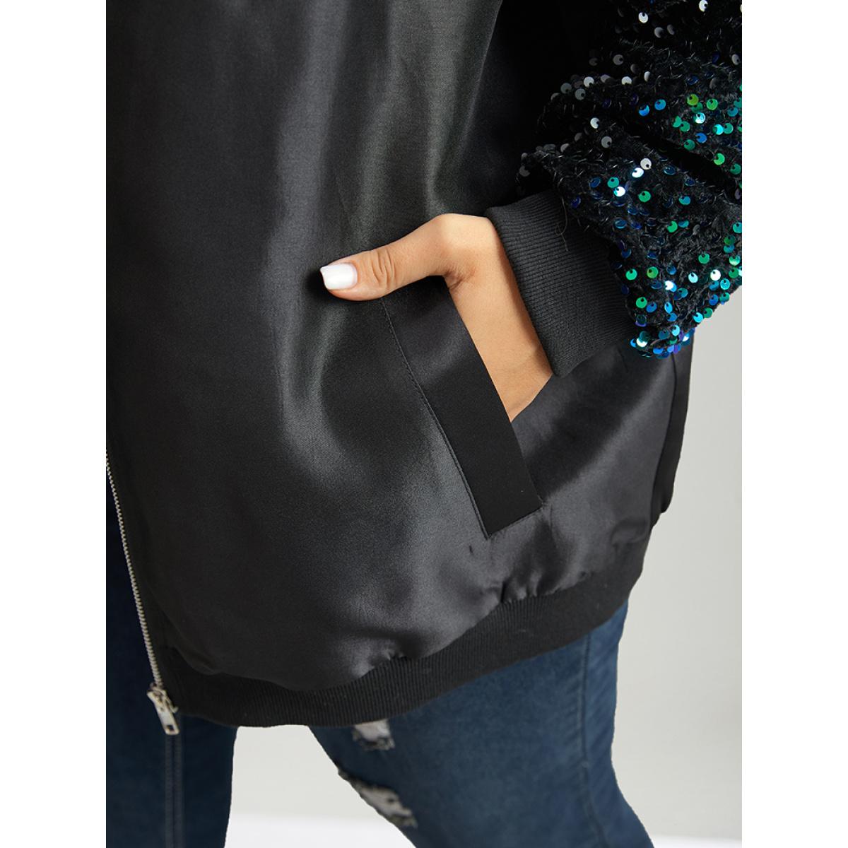 Plus Size Sequin Detail Patchwork Pocket Jacket Women Black Elastic cuffs Pocket Dailywear Jackets BloomChic 30/6X Product Image