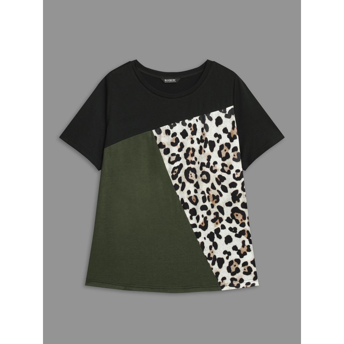 Plus Size Leopard Print Contrast Patchwork Fitted T-Shirt Multicolor Women Casual Contrast Round Neck Everyday T-shirts BloomChic 18-20/2X Product Image