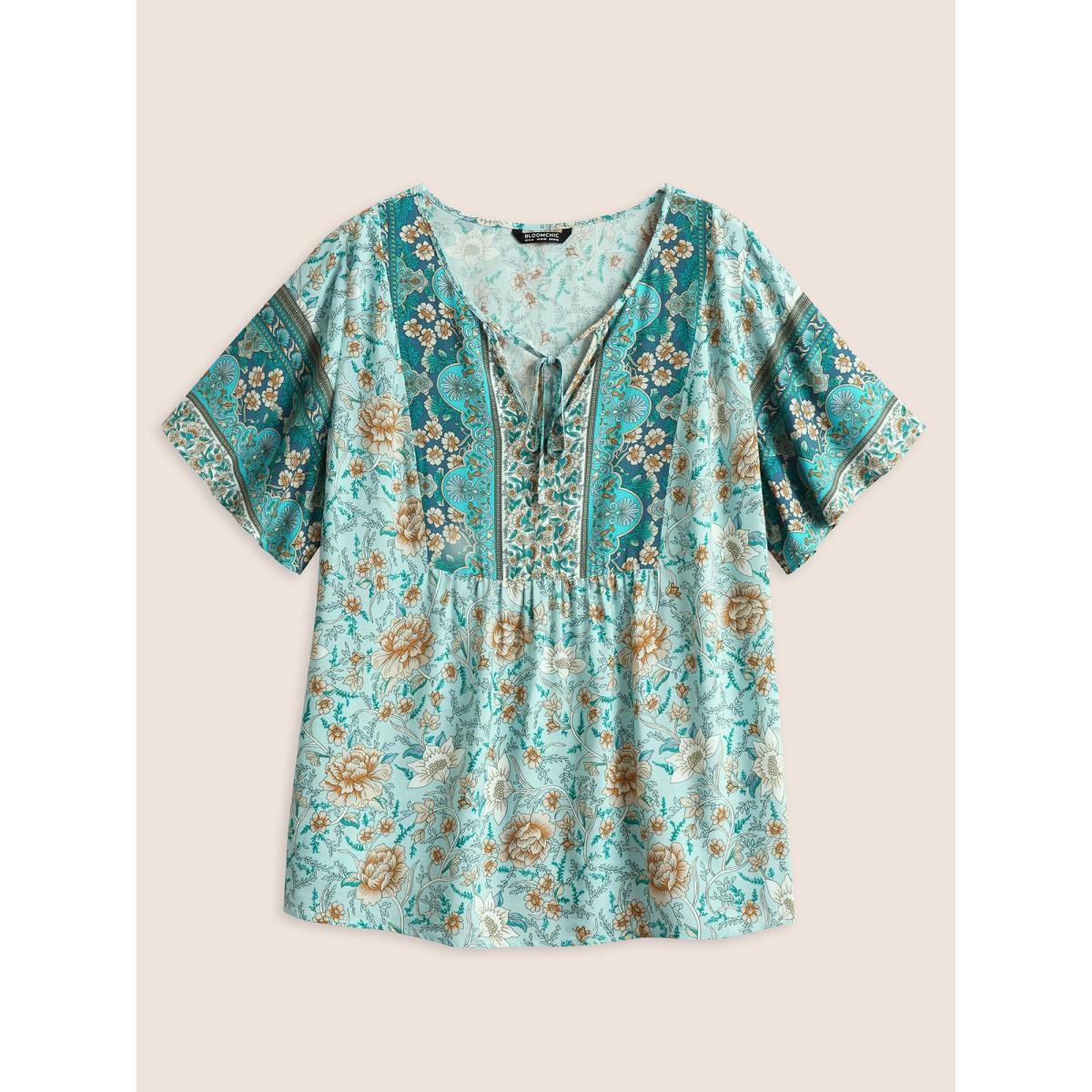 Plus Size Cerulean Boho Print Tie Neck Gathered Blouse Women Resort Half Sleeve Notched collar Vacation Blouses BloomChic 14-16/1X Product Image