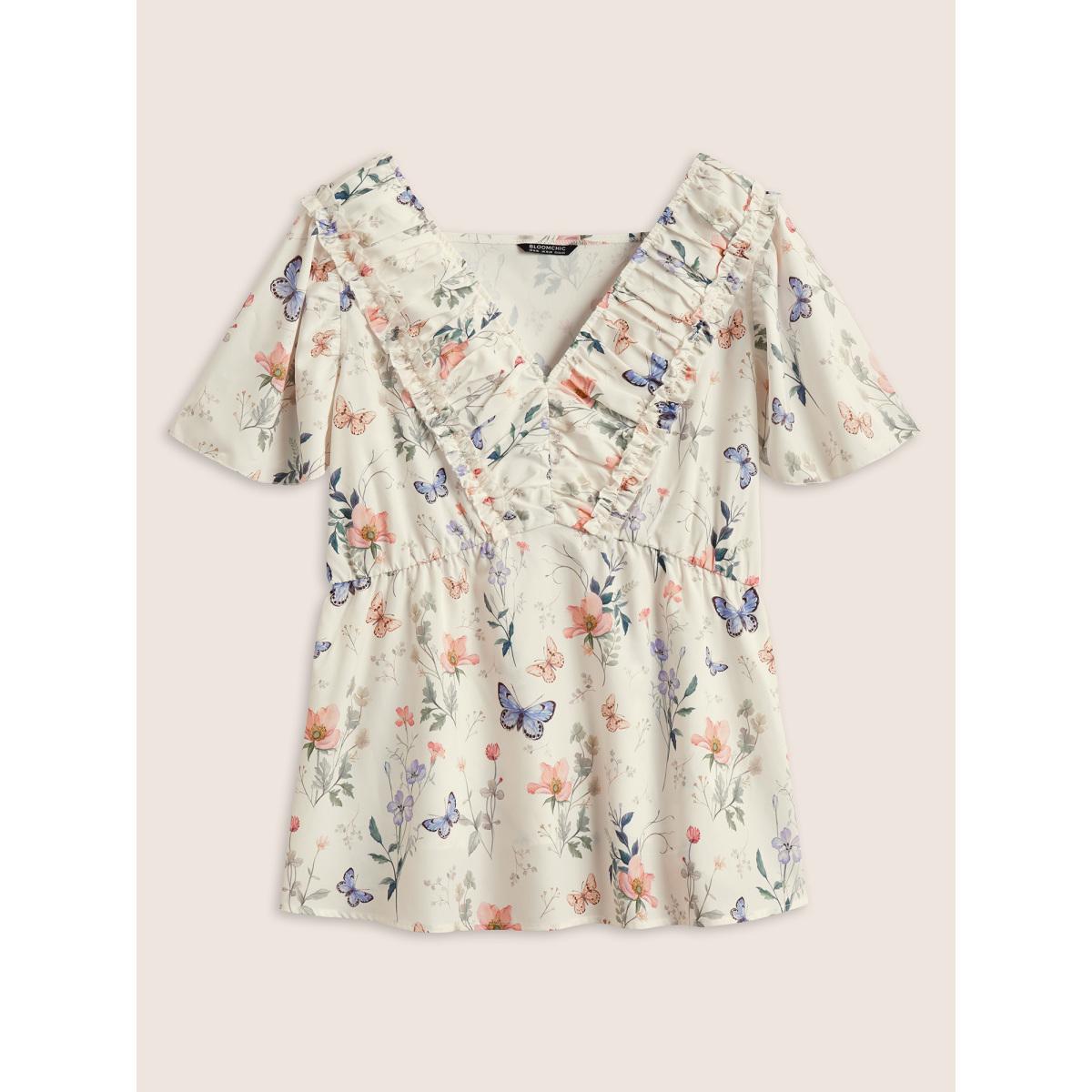 Plus Size Beige Butterfly Ruffles Elastic Waist Ruched Blouse Women Elegant Short sleeve V-neck Everyday Blouses BloomChic 14-16/1X Product Image