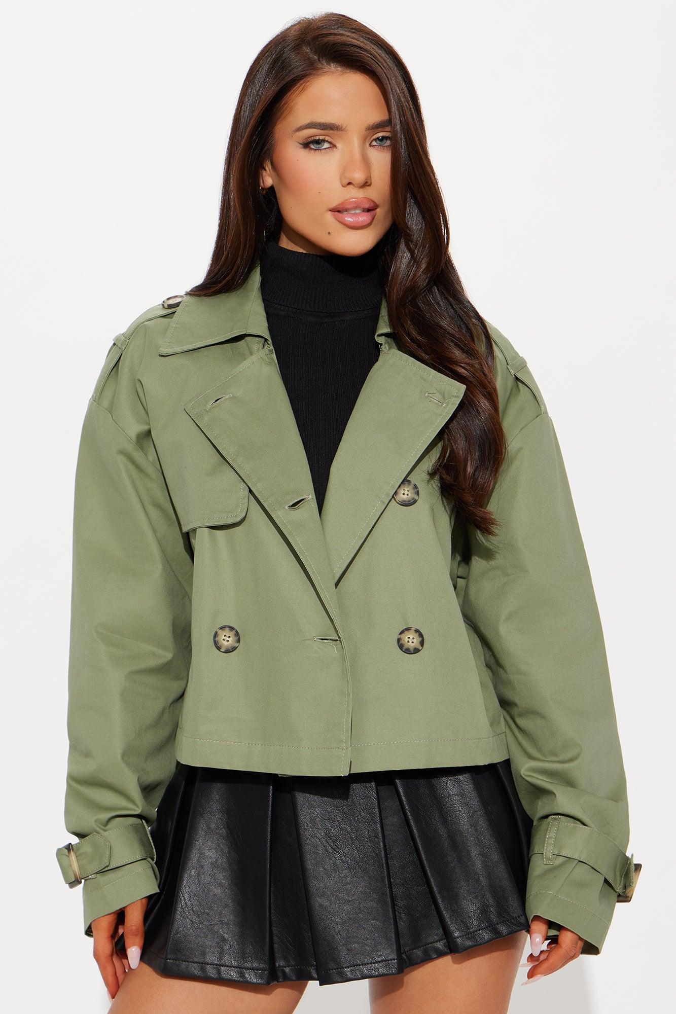 Windy City Cropped Trench Coat - Olive Product Image