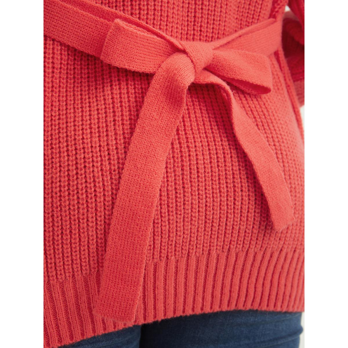 Plus Size Plain Pointelle Knit Geometric Eyelet Belted Open Front Cardigan OrangeRed Women Elegant Loose Long Sleeve Dailywear Cardigans BloomChic 28/5X Product Image