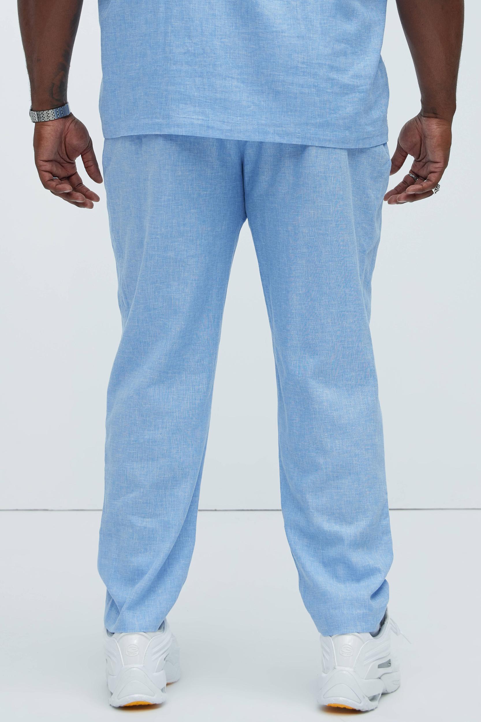 Bahamas Straight Pleated Linen Trousers - IceBlue Product Image