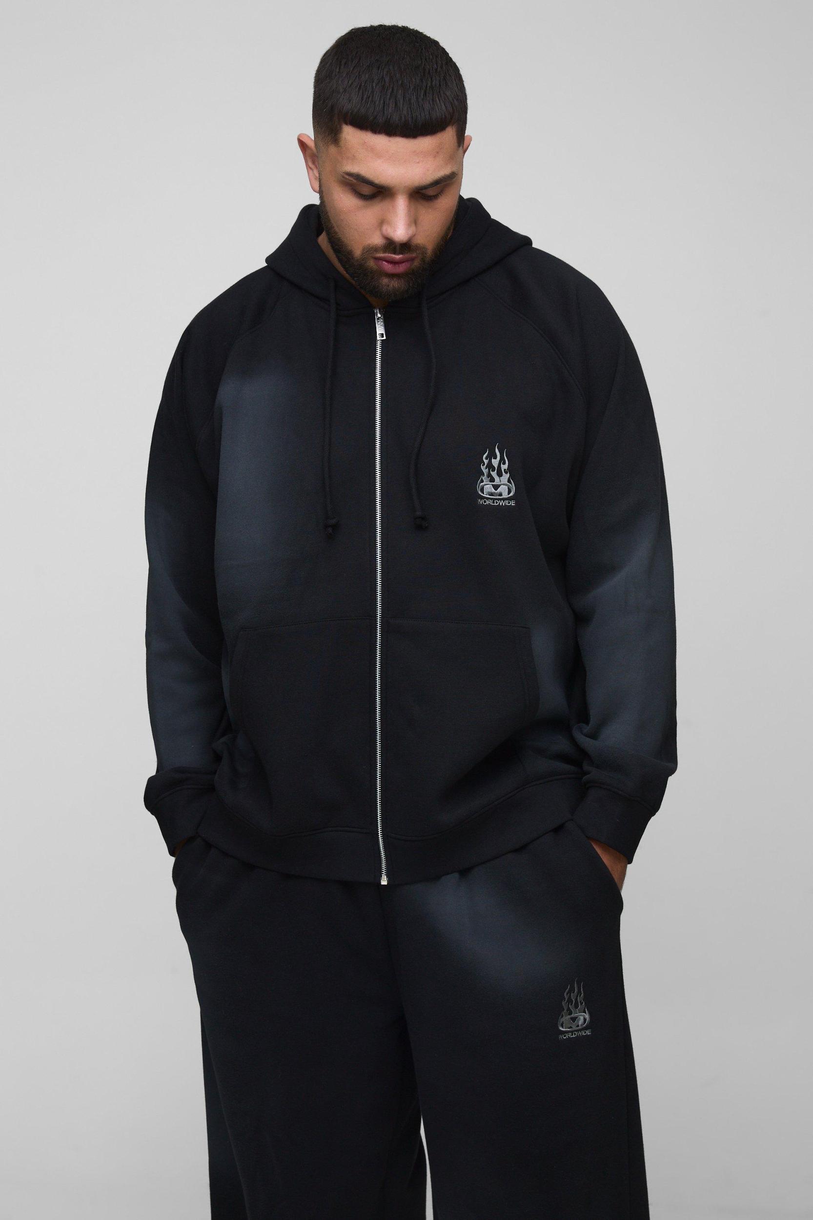 Plus Oversized Raglan Zip Thru Embroidered Spray Wash Hooded Tracksuit | boohooMAN USA Product Image