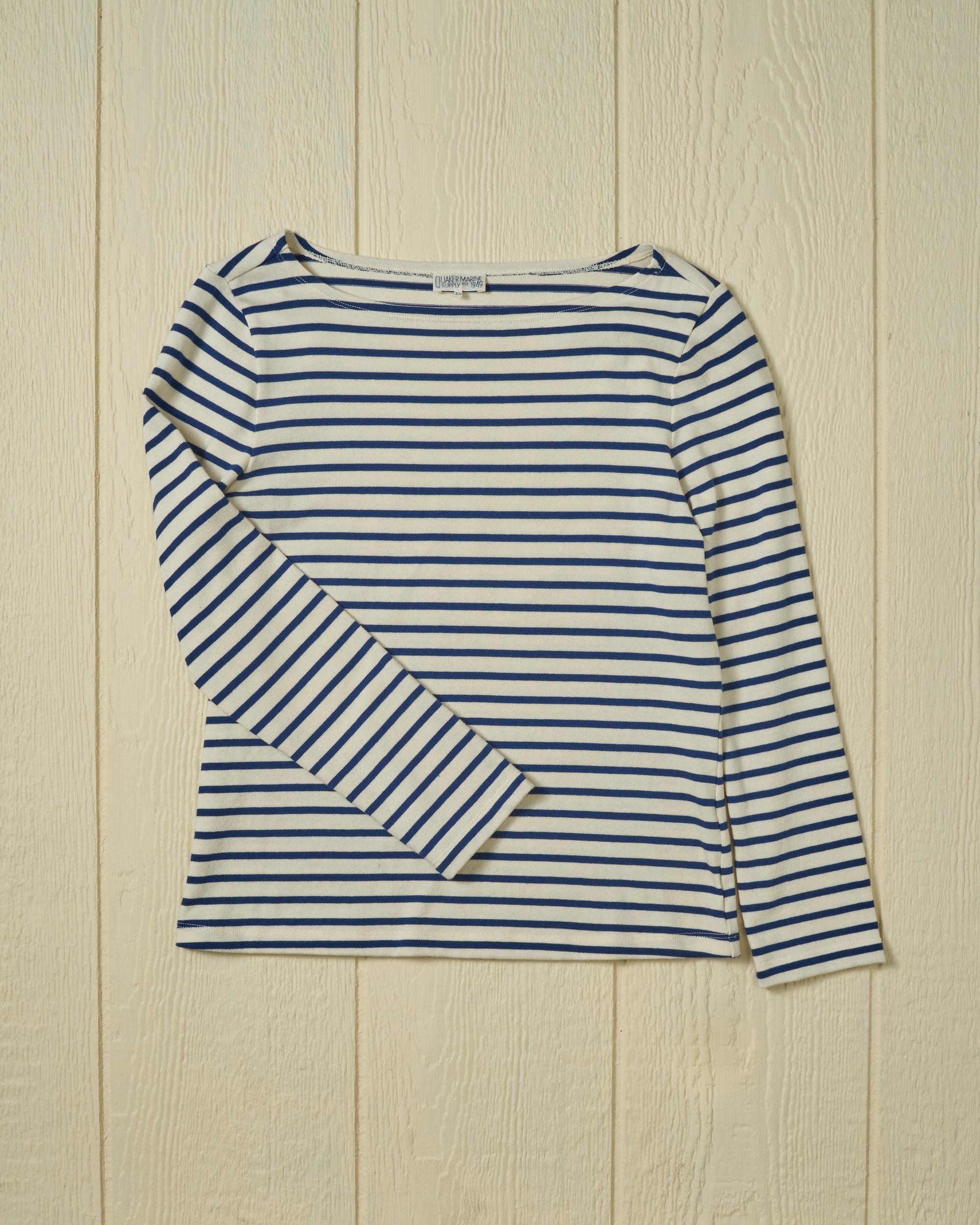 Women’s Breton Stripe Boatneck Tee in Off White/Atlantic Blue Product Image