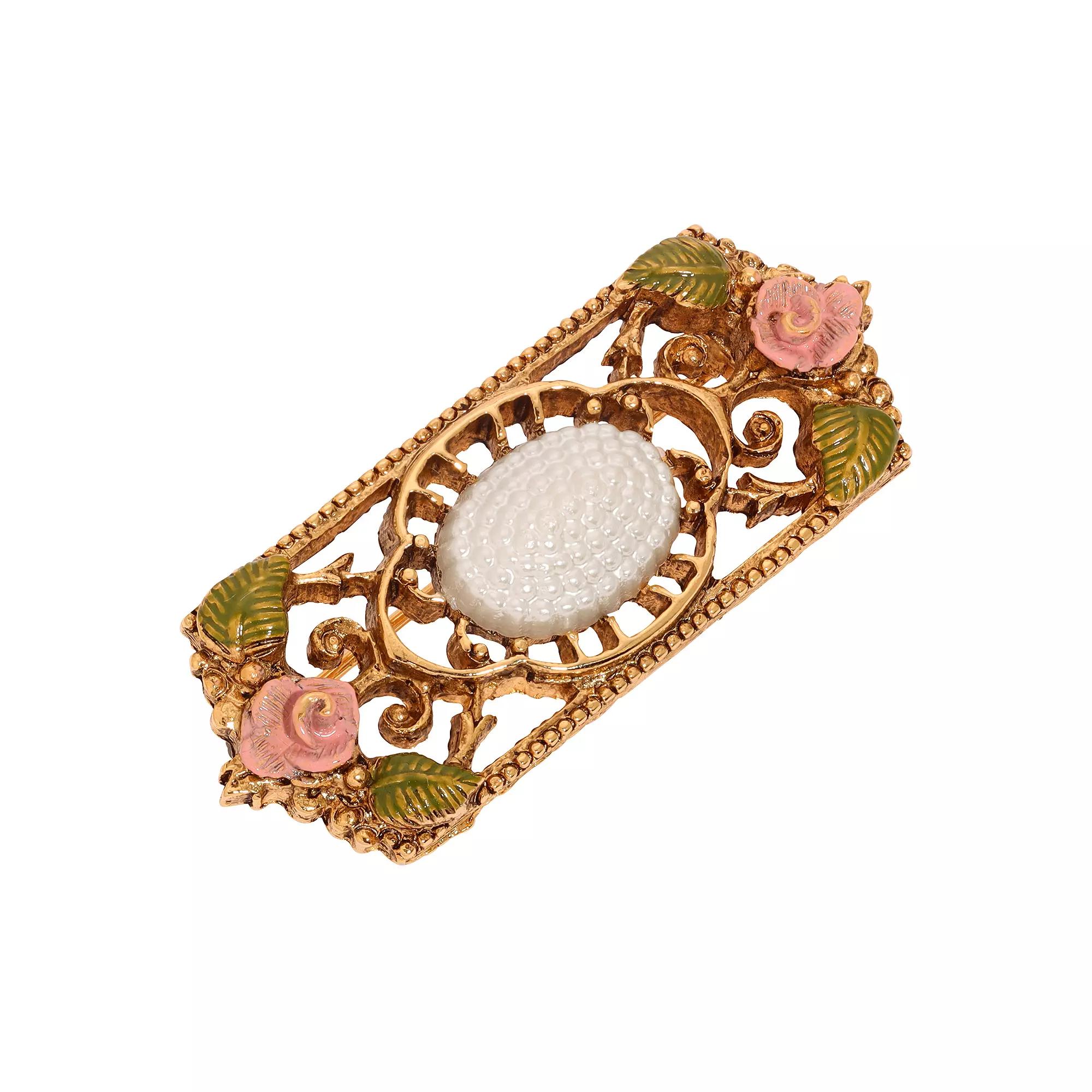 1928 Gold Tone Faux Pearl Pink Flower Rectangle Brooch, Womens Product Image