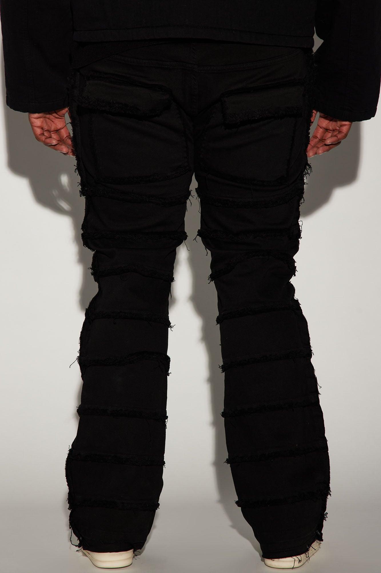 Square Pockets Fray Stacked Skinny Flare Pants - Black Product Image