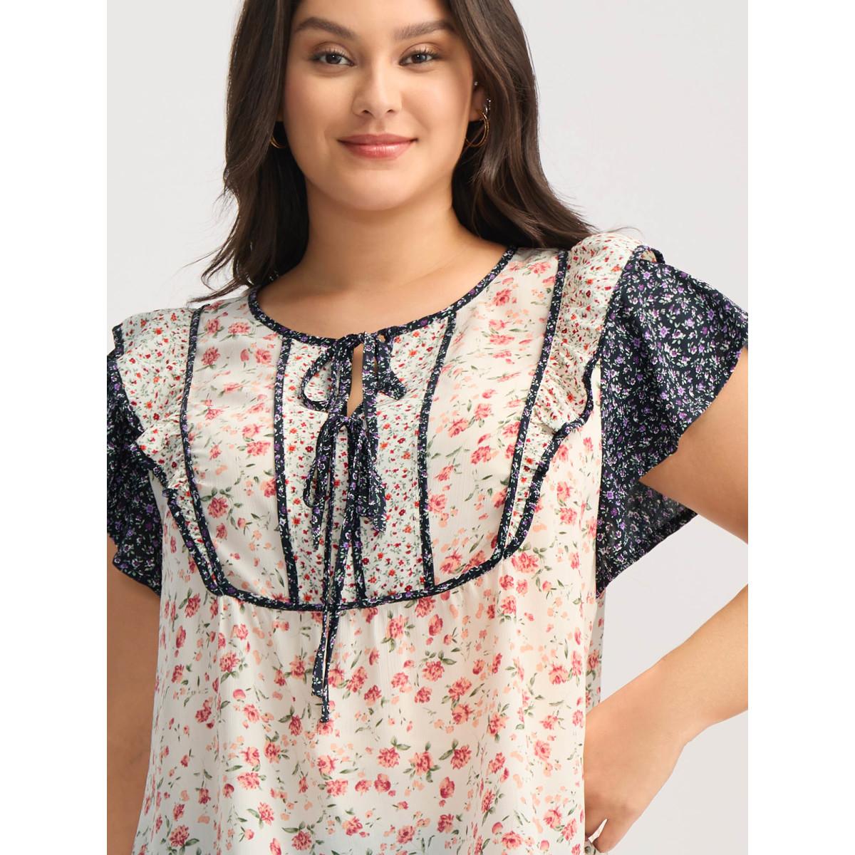 Plus Size Multicolor Floral Panel Ruffled Sleeve Blouse Women Romantic Cap Sleeve V-neck Elegant Blouses BloomChic 10/M Product Image