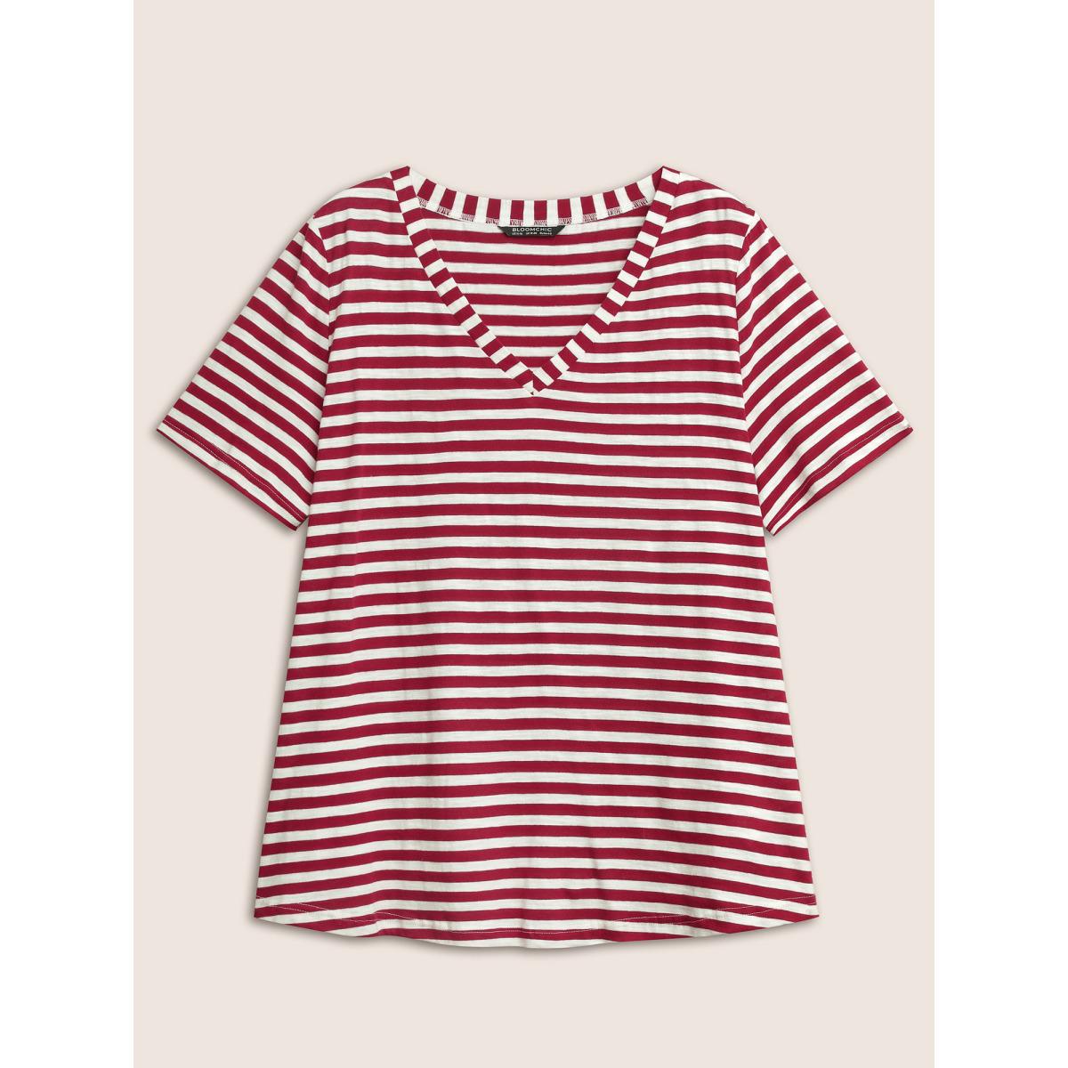 Plus Size Cotton Contrast Striped V Neck T-shirt Scarlet Women Casual Contrast Striped V-neck Everyday T-shirts BloomChic 28/5X Product Image