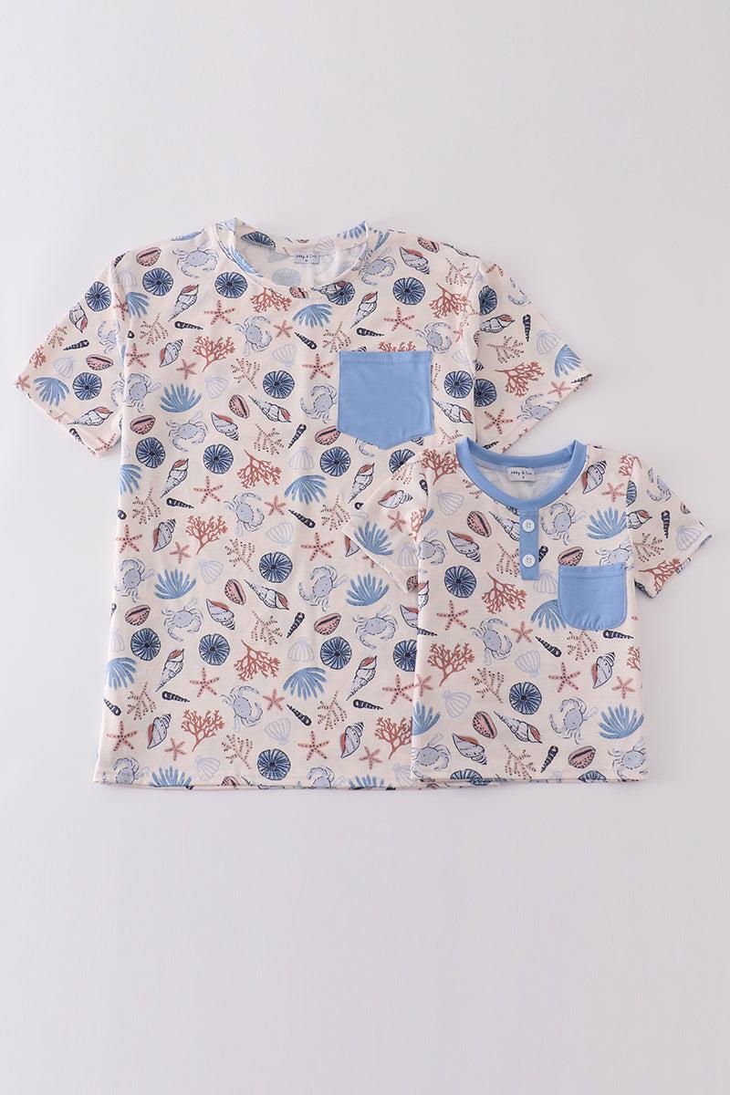 Blue ocean breeze shells print dad&me top Product Image