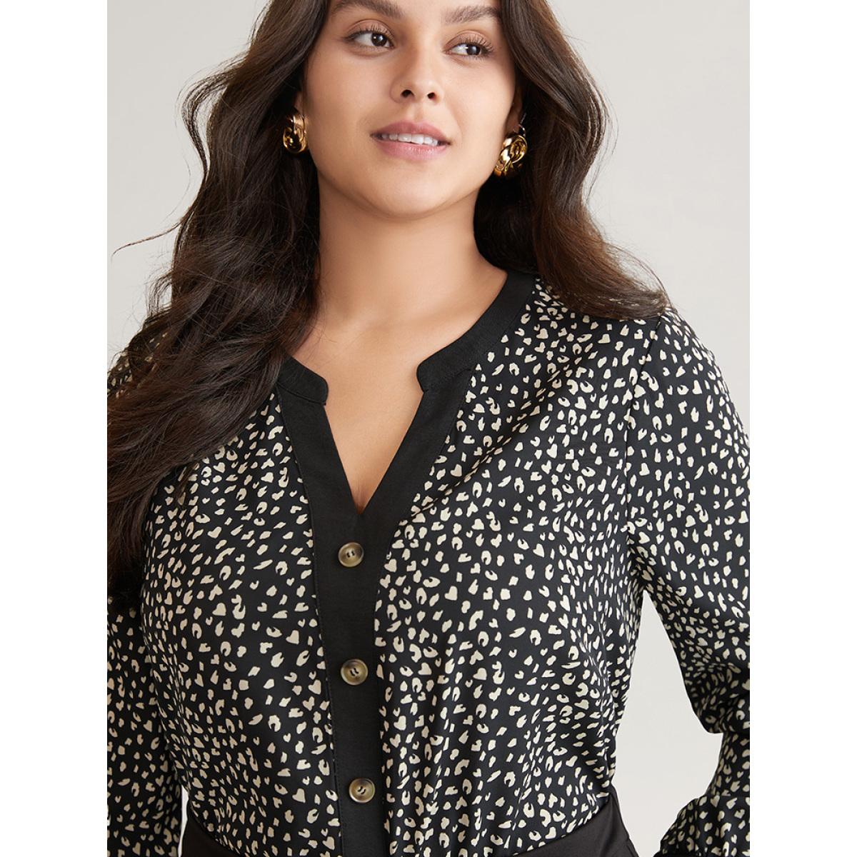 Plus Size Black Leopard Print Button Through Notched Blouse Women Office Long Sleeve V-neck Work Blouses BloomChic 18-20/2X Product Image