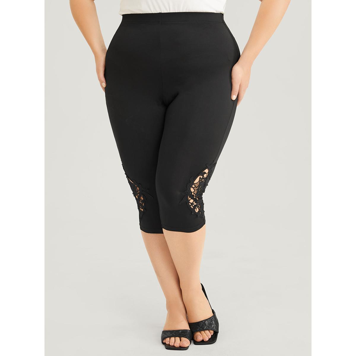 Plus Size Skinny Contrast Lace Cropped Leggings Women Black Elegant Medium stretch Skinny High Rise Dailywear Leggings BloomChic 10/M Product Image