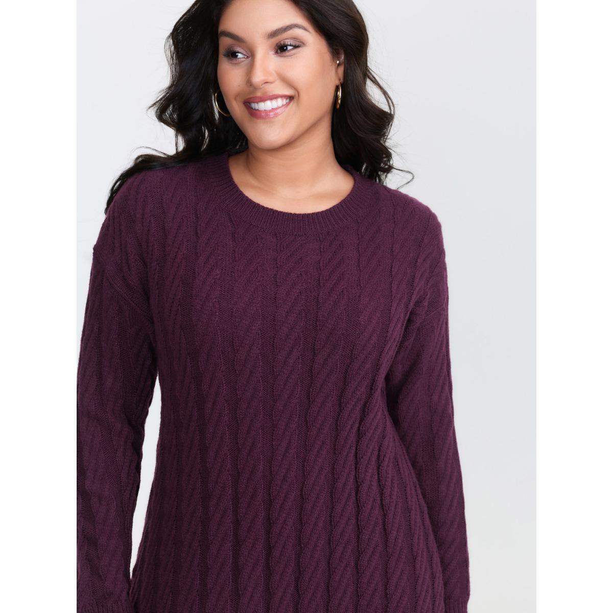 Plus Size Crew Neck Cable Texture Sweater Dress Deeppurplered Women Timeless Bodycon Long Sleeve Casual Sweater Dresses BloomChic 26/4X Product Image