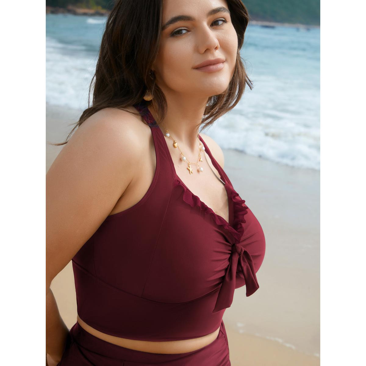 Plus Size Bust Knot-Tie Ruffle Trim Supportive Swim Top Women's Swimwear Deepred Resort Knotted High stretch Skinny Heart neckline Curve Swim Tops BloomChic 14-16/1X Product Image