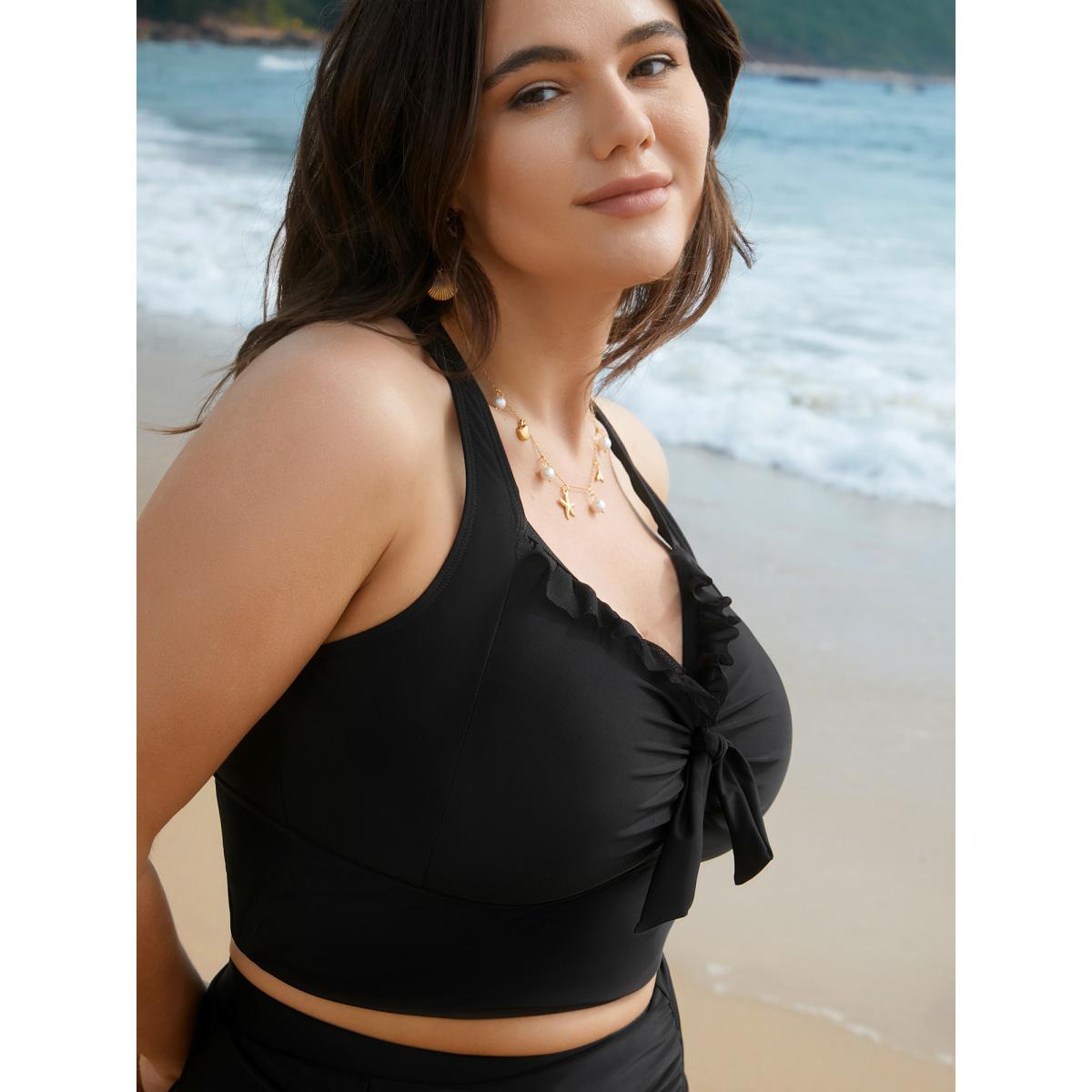 Plus Size Bust Knot-Tie Ruffle Trim Supportive Swim Top Women's Swimwear Aegean Resort Knotted High stretch Skinny Heart neckline Curve Swim Tops BloomChic 26/4X Product Image