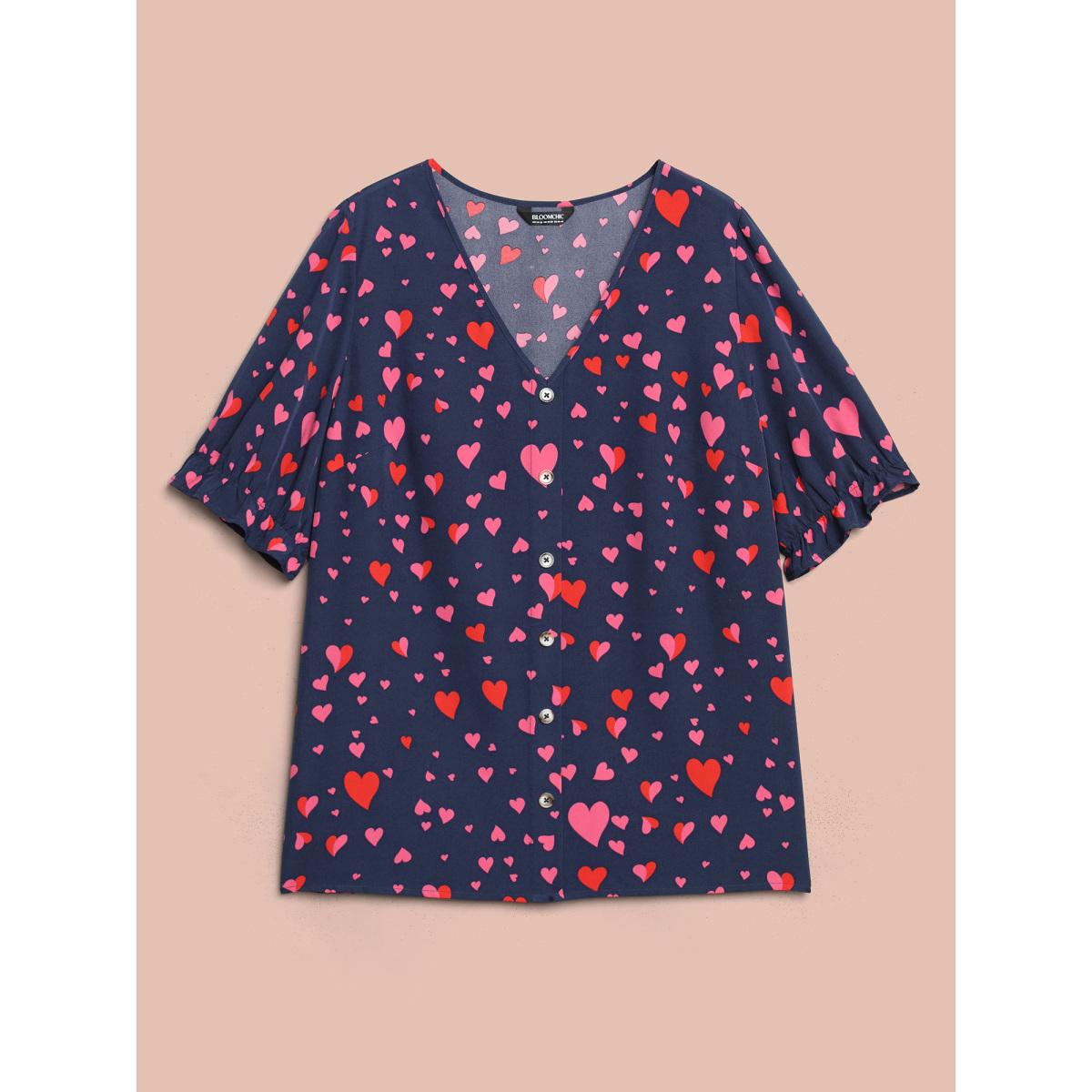 Plus Size Indigo Heart Pattern Button Detail Ruffle Blouse Women Elegant Short sleeve V-neck Everyday Blouses BloomChic 26/4X Product Image
