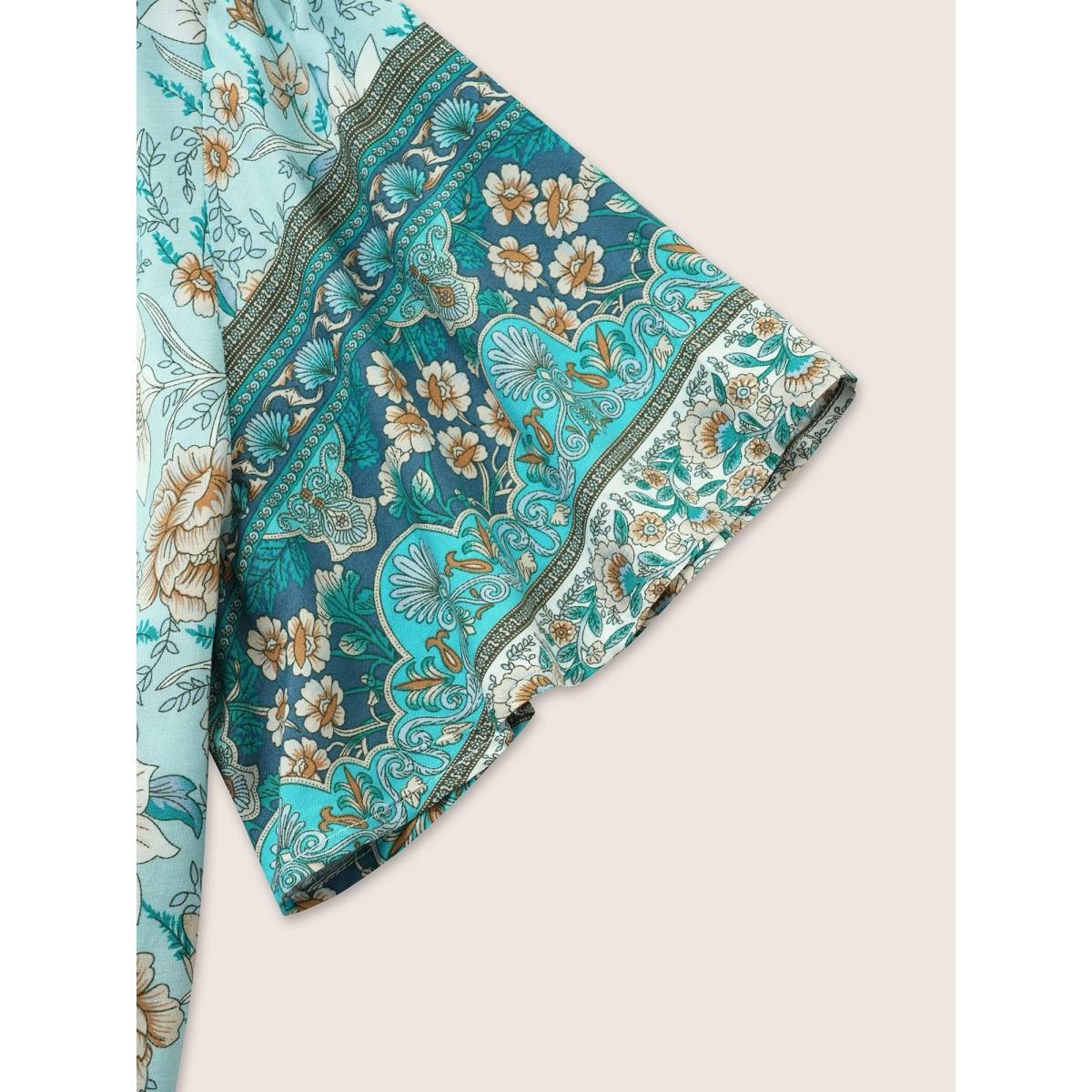 Plus Size Cerulean Boho Print Tie Neck Gathered Blouse Women Resort Half Sleeve Notched collar Vacation Blouses BloomChic 14-16/1X Product Image