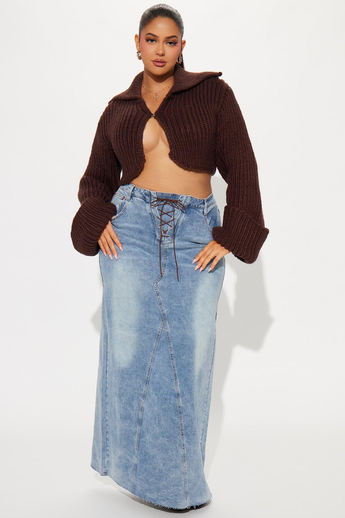 Downtown Chunky Knit Cropped Cardigan - Chocolate Product Image