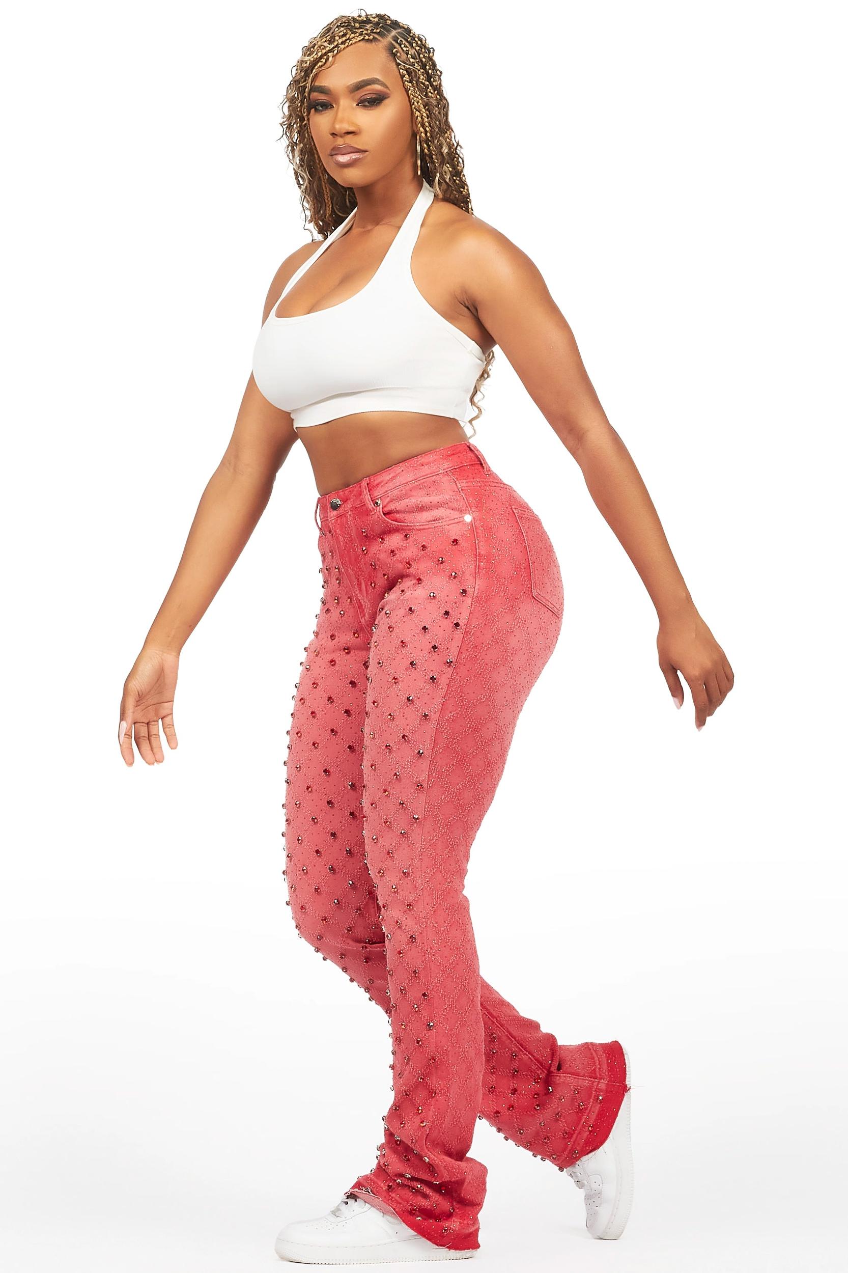 Sareka Red Rhinestone Stacked Flare Jean Female Product Image