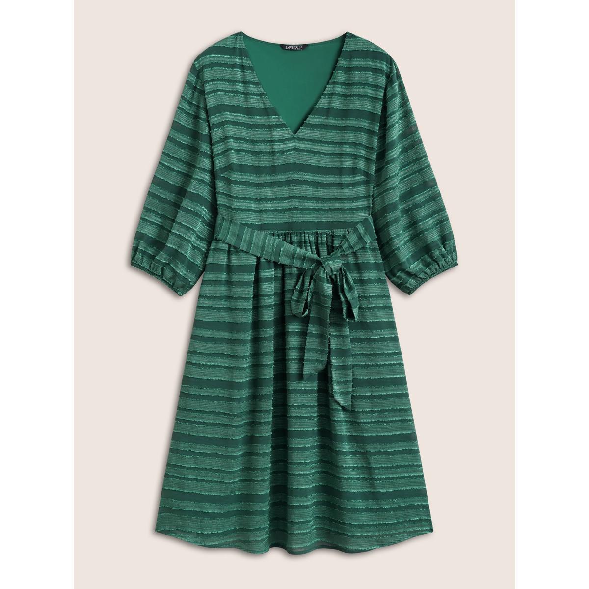 Plus Size Striped Plisse Ties Pocket Lantern Sleeve Dress DarkGreen Women Cocktail Non V-neck Elbow-length sleeve Curvy Knee Dress BloomChic 18-20/2X Product Image