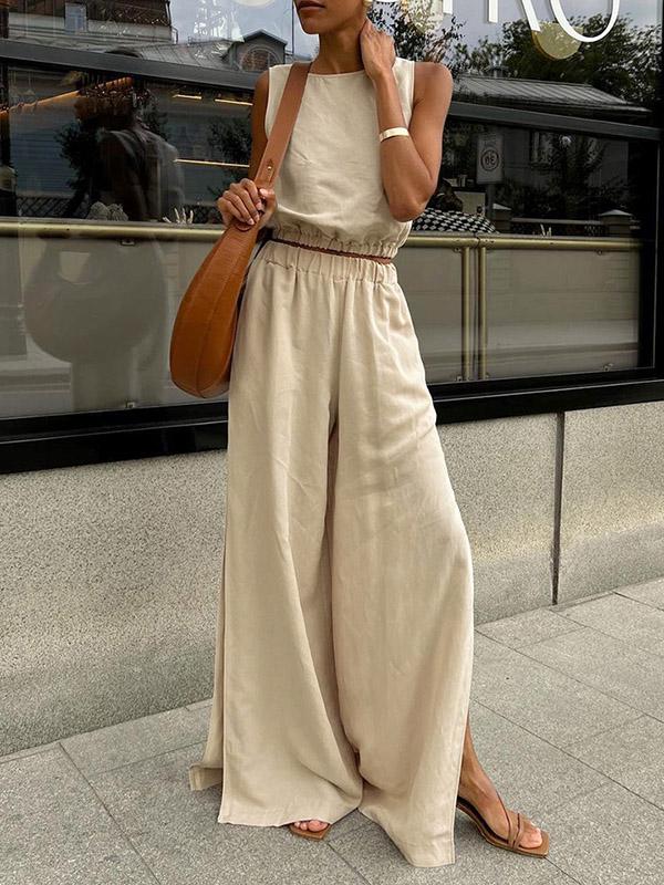 Loose Elasticity Solid Color Split-Joint Round-Neck Vest + High Waisted Split-Side Pants Two Pieces Set Product Image