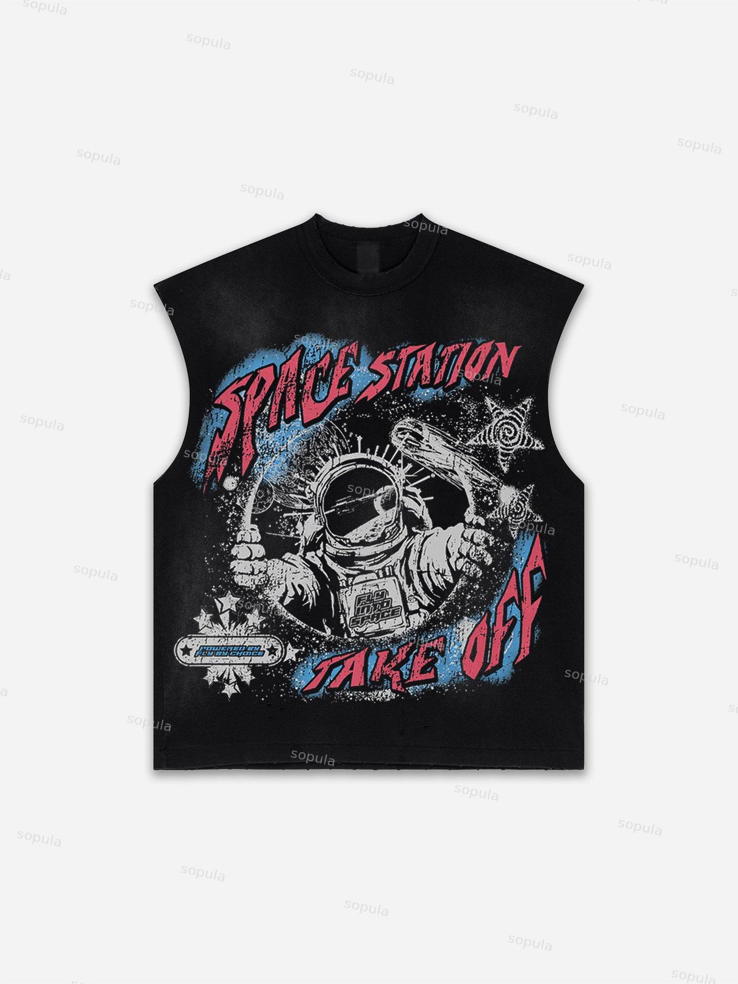 Sopula Men's Fly By Choice X Spacestation Graphic Print Distressed Tank Tops Sleeveless Shirts Product Image