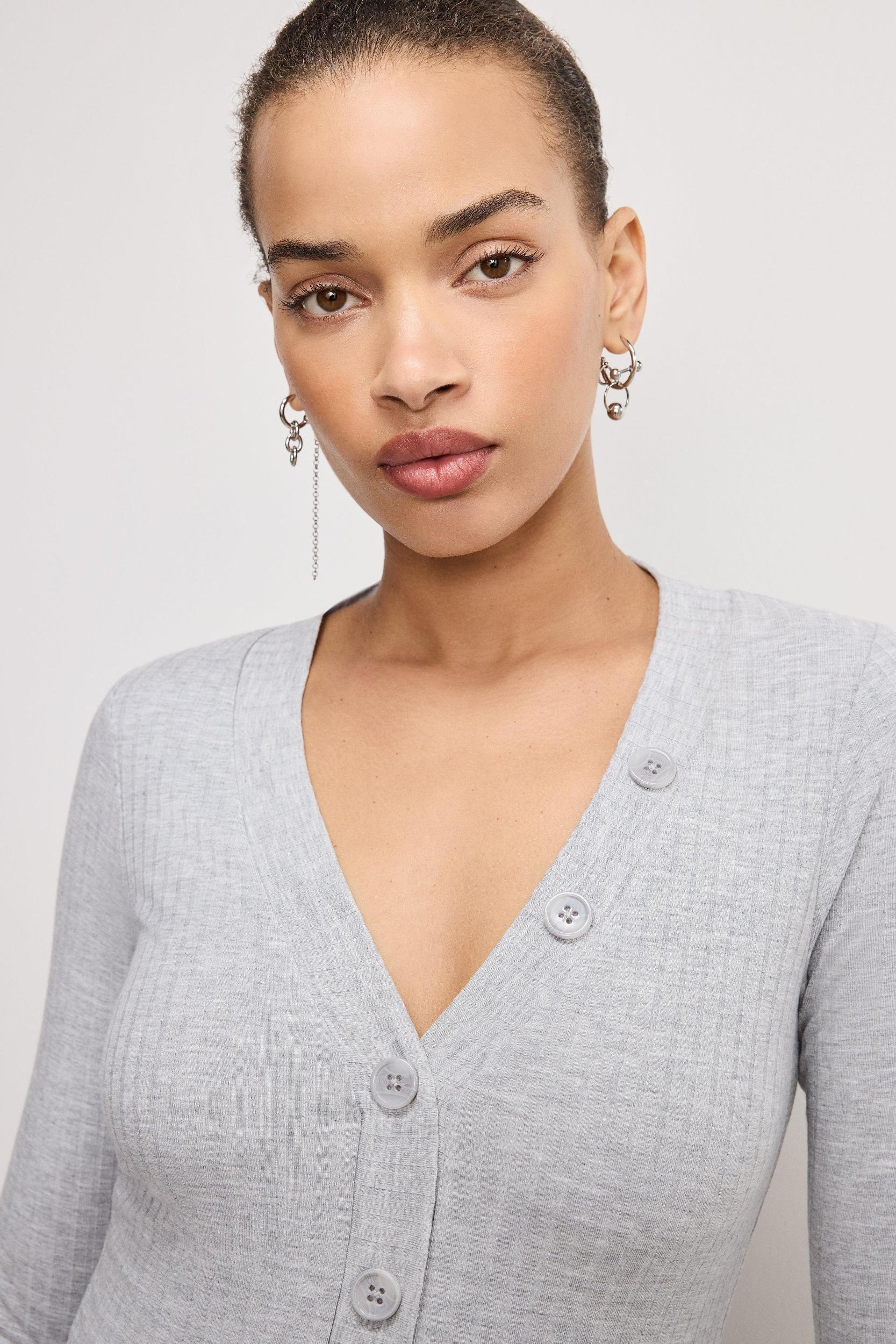 RIBBED HENLEY BODYSUIT | HEATHER GREY001 Product Image