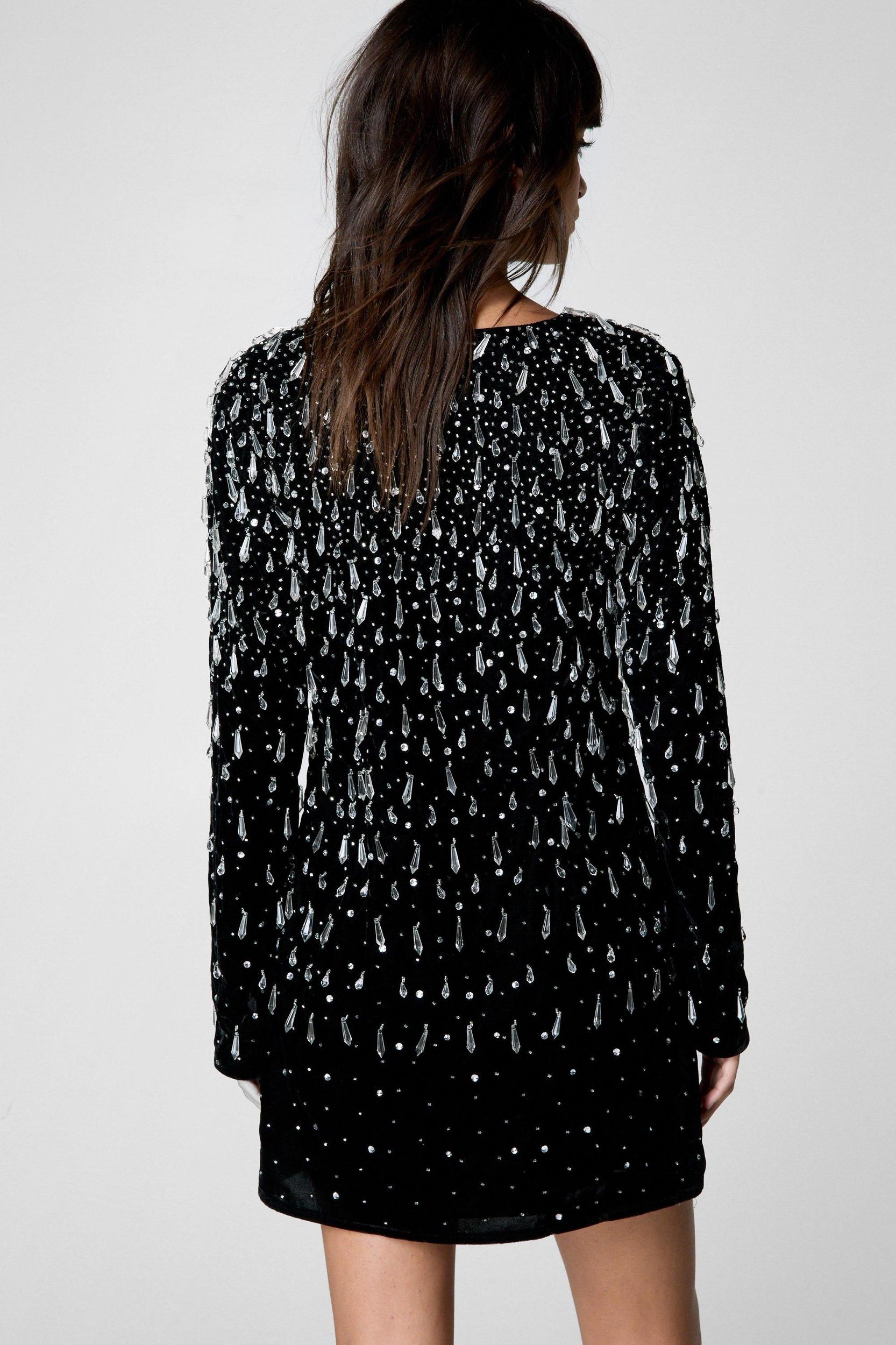 Tear Drop Embellished Velvet Plunge Dress Product Image