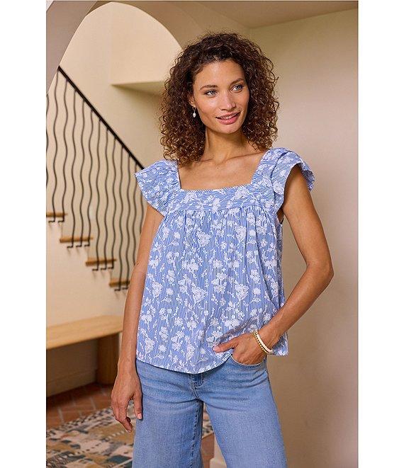 Liverpool Los Angeles Poplin Floral Print Square Neck Short Sleeve Top Product Image