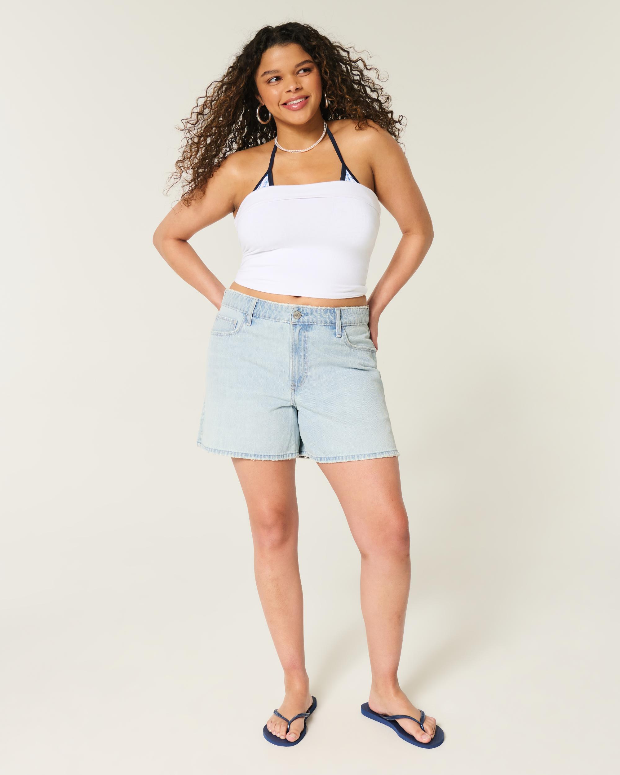 High-Rise Ripped Medium Wash Relaxed Denim Shorts 5" Product Image