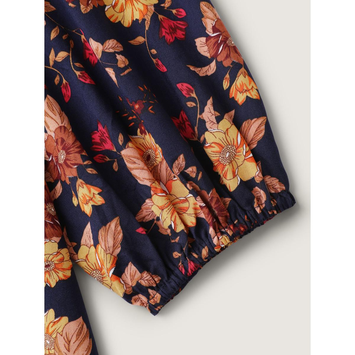 Plus Size DarkBlue Fall Florals Lace Trim Flowy Blouse Women Boho Long Sleeve V-neck Vacation Blouses BloomChic 14-16/1X Product Image