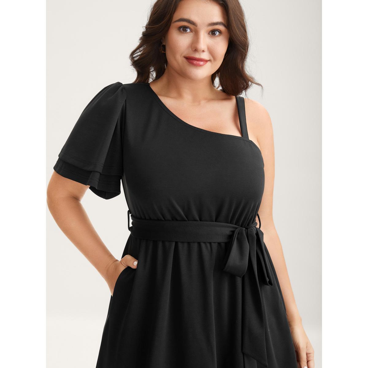 Plus Size One-Shoulder Ruffled Belted Midi Dress Black Women Asymmetrical Neck Short sleeve Curvy BloomChic 30/6X Product Image