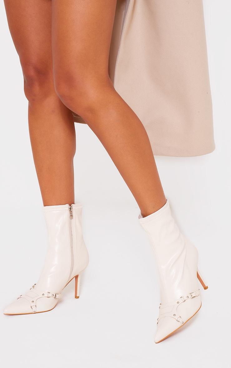 Cream Wide Fit Faux Leather Point Toe Buckle Detail Tab Ankle Heeled Boots Product Image