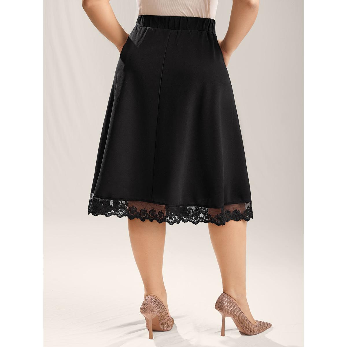 Plus Size Plain Pleated Lace Hem Midi Skirt Women Black Formal See through Bodycon Low stretch Slanted pocket Party Skirts BloomChic 14-16/1X Product Image